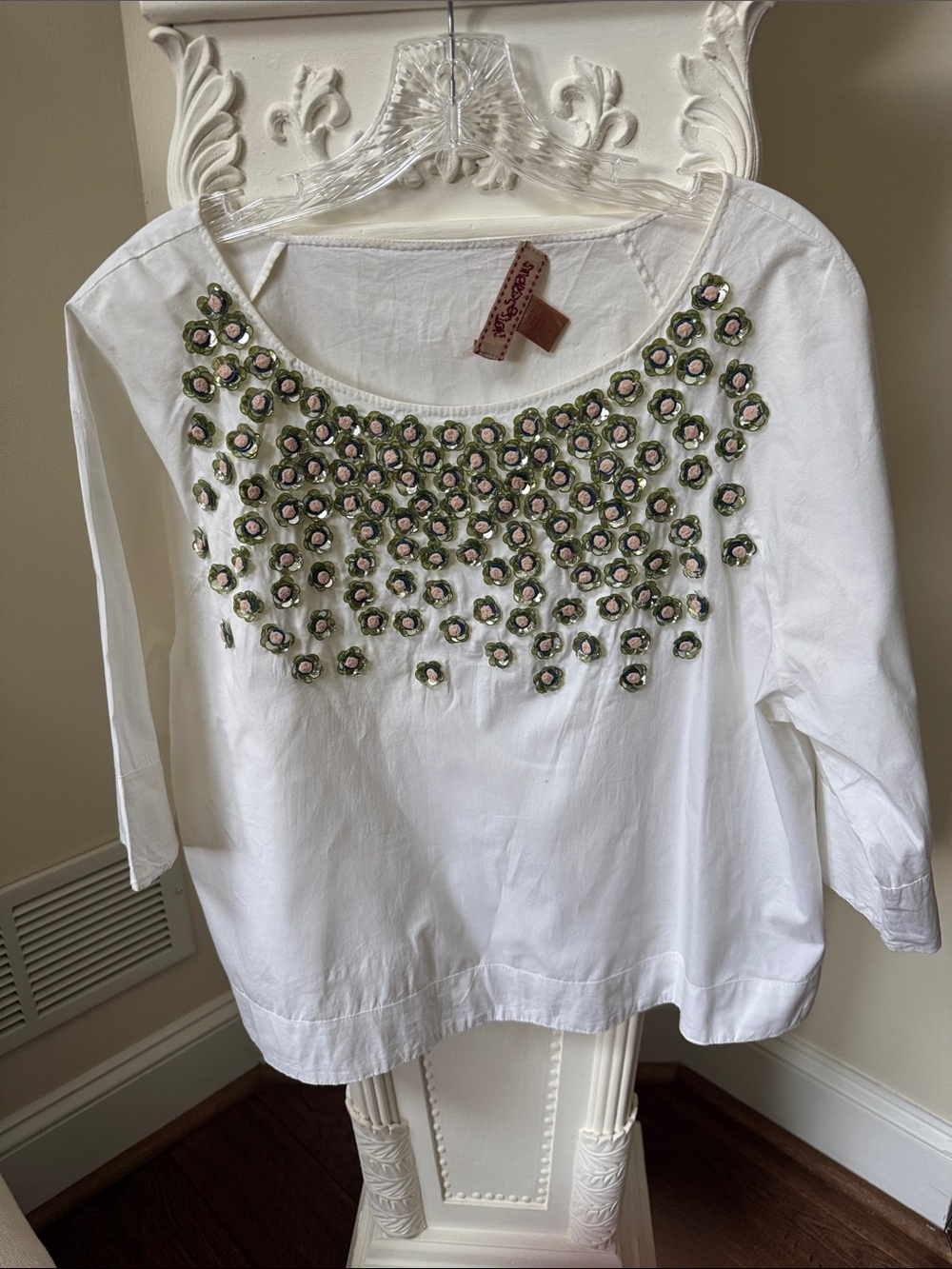 White Tunic with Olive & Pink Embroidered Floral Neckline